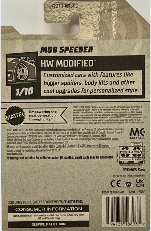 Hot Wheels Orange & White Mod Speeder Orange & White Lets Race 10/250 HW Modified 1/10