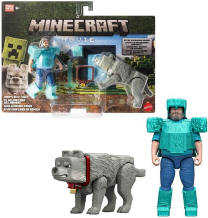 Mattel Minecraft 4-inch A Minecraft Movie Steve in Diamond Armor with Man's Best Wolf Dennis