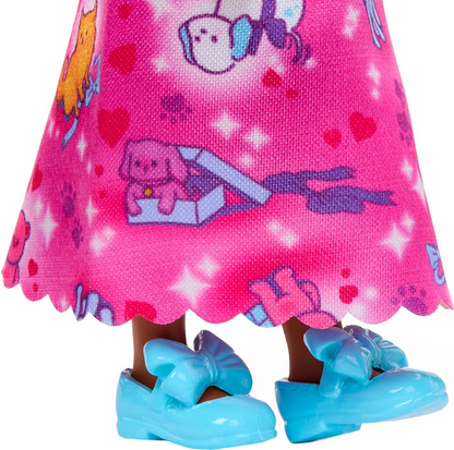 Barbie Royal Chelsea Doll with Pink Hair and Purple Bow Headband, Colorful Printed Skirt
