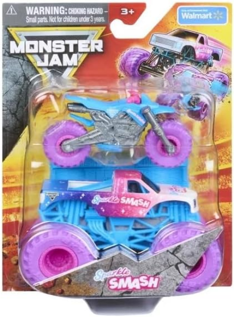 Monster Jam Sparkle Smash 1:64 Die-Cast Monster Truck with Motorcycle, Walmart Exclusive, Pink & Blue, Official Spin Master Toy, Ages 3+
