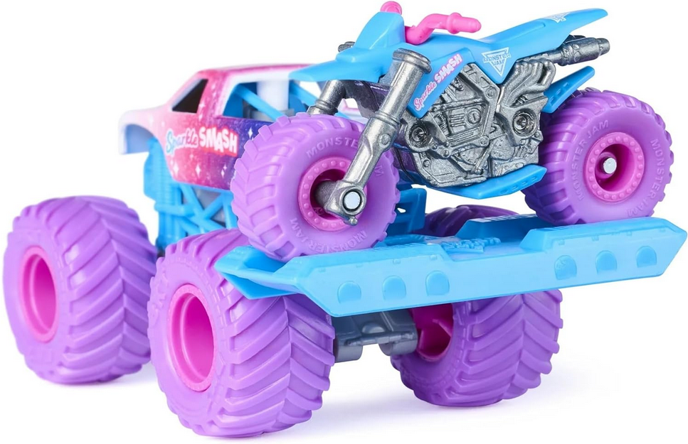 Monster Jam Sparkle Smash 1:64 Die-Cast Monster Truck with Motorcycle, Walmart Exclusive, Pink & Blue, Official Spin Master Toy, Ages 3+