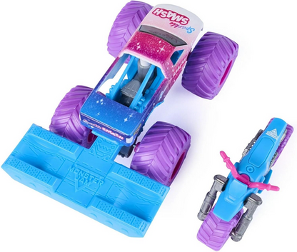 Monster Jam Sparkle Smash 1:64 Die-Cast Monster Truck with Motorcycle, Walmart Exclusive, Pink & Blue, Official Spin Master Toy, Ages 3+