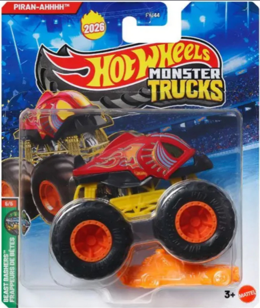 Hot Wheels Monster Trucks Piran-AHHHH Red  Beast Bashers 6/6 (Includes Crushed Car)