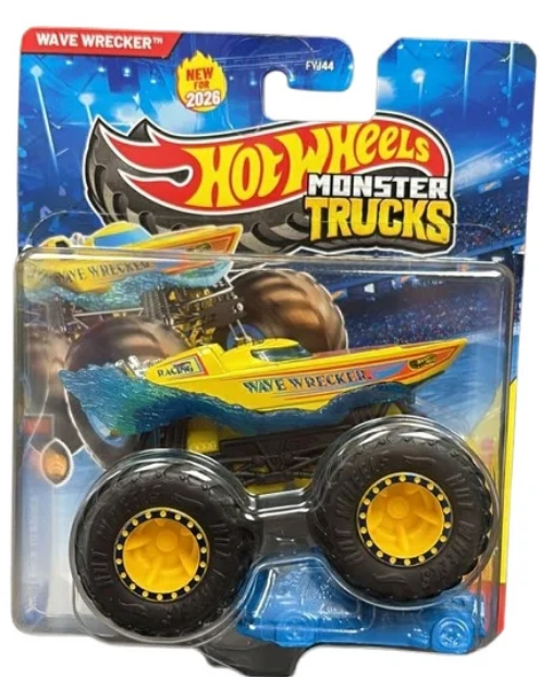Hot Wheels Monster Trucks Yellow Wave Wrecker, Back to Basics 1/8 [Includes Crushed Car]