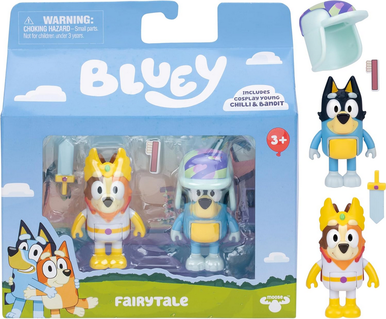 Bluey Fairytale Action Figure Set of 2, Articulated Character Toys with Superhero Chilli and Retro Hat Bandit