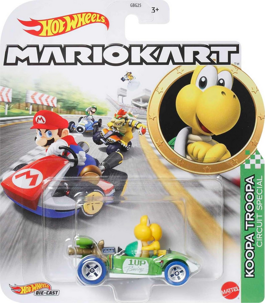 Hot Wheels Mario Kart Characters and Karts as 1:64 Die-Cast Cars, Koopa Troopa/Circuit Special Vehicle