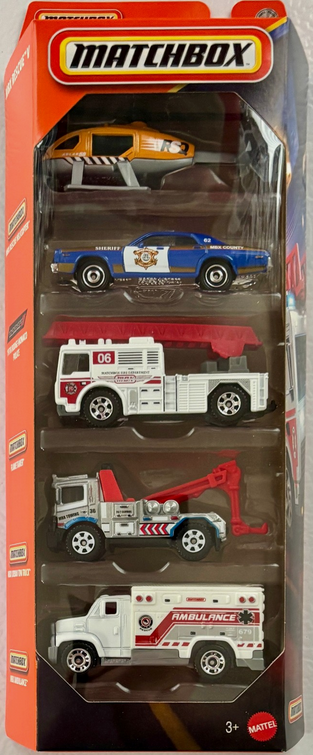 Matchbox MBX Rescue V 5-Pack MBX Rescue Helicopter - 1978 Dodge Monaco Police - Flame Tamer - MBX Urban Tow Truck - MBX Ambulance