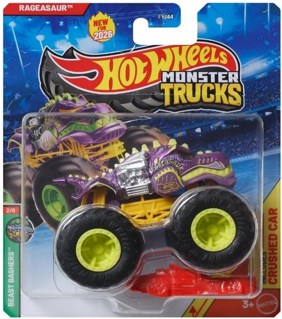 Hot Wheels Monster Trucks Rageasaur, Beast Bashers 2/6 [Includes Crushed Car!]