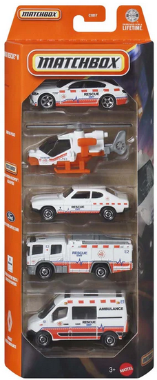Matchbox MBX Rescue V No.2 5-Pack BMW M5 Police - MBX Mission Helicopter - 1970 Ford Capri RS 2600 - Scania P360 Fire Truck - Renult Master Ambulance
