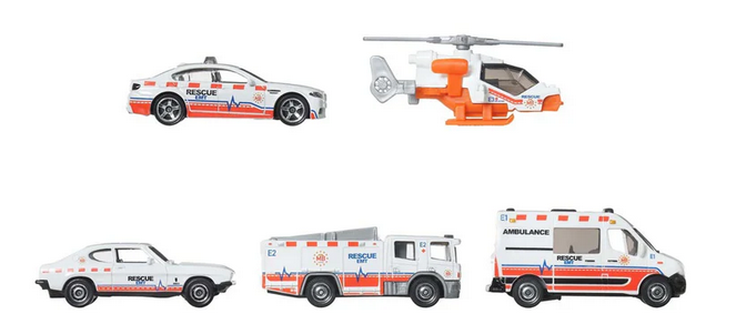 Matchbox MBX Rescue V No.2 5-Pack BMW M5 Police - MBX Mission Helicopter - 1970 Ford Capri RS 2600 - Scania P360 Fire Truck - Renult Master Ambulance