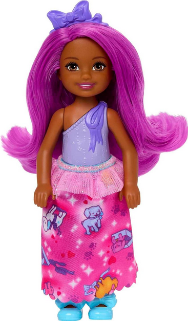 Barbie Dreamtopia Chelsea Royal Doll with Pink Hair, Purple Bow Headband & Colorful Skirt, Small Doll Bends at Waist