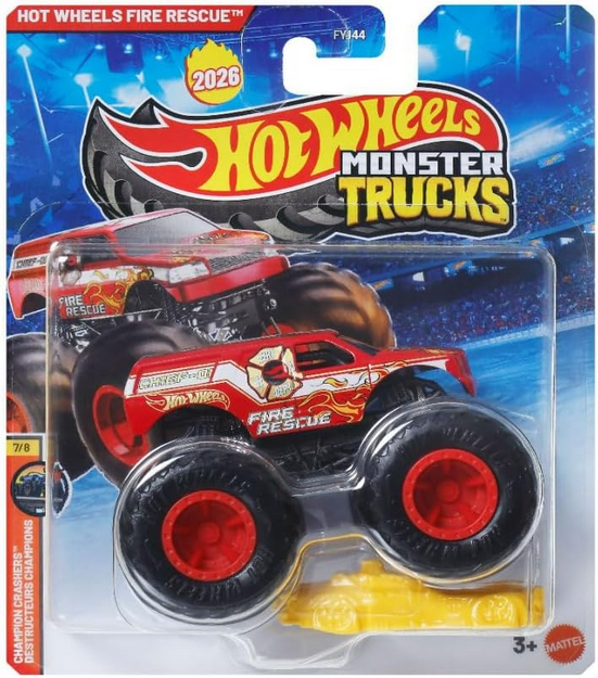 Hot Wheels Monster Trucks Fire Rescue Champion Crashers 7/8 Includes Crush Car 1:64 Scale Diecast Toy Vehicle