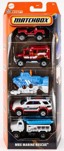 Matchbox MBX Marine Rescue 5 Pack [Cliff Hanger, 4x4 Scrambulance, Deep Diver, Ford Explorer, Rapids Rescue] 1:64 Scale Diecast Toy Vehicles