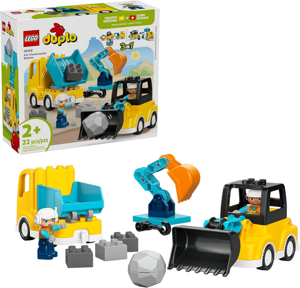 LEGO DUPLO Town 3 in 1 Construction Vehicles Toys for Toddlers - Learning & Pretend Play Set for Boys & Girls, Ages 2+ - Building Blocks for Fine Motor Skills Practice