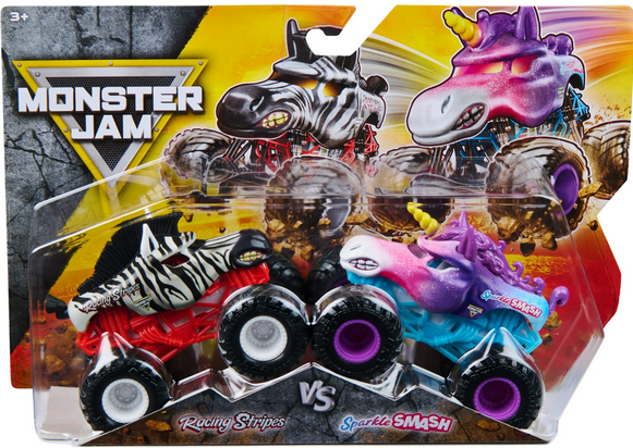 Monster Jam, Sparkle Smash Vs. Racing Stripes Die-Cast Monster Trucks, 1:64 Scale, Kids Toys for Boys Ages 3 and up