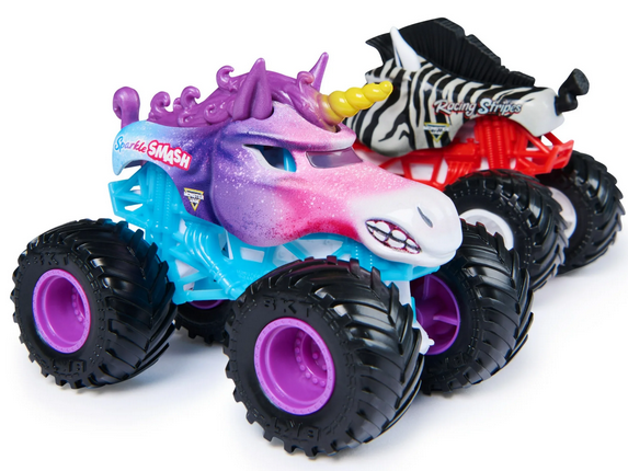 Monster Jam, Sparkle Smash Vs. Racing Stripes Die-Cast Monster Trucks, 1:64 Scale, Kids Toys for Boys Ages 3 and up