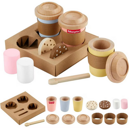 Fisher-Price Wood Pretend Play Toy Coffee to Go Café Set, 15-Piece Wooden Playset with Cups & Food for Preschool Kids Ages 3+ Years