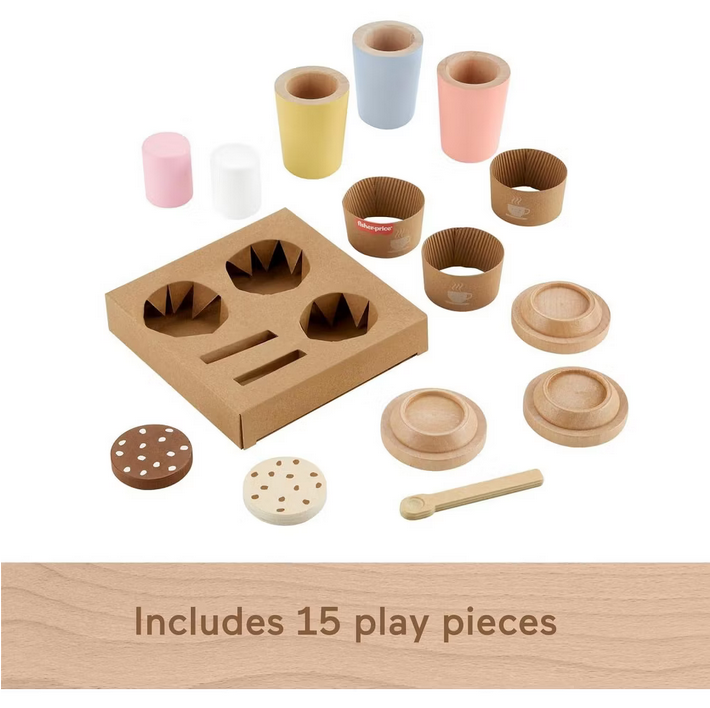 Fisher-Price Wood Pretend Play Toy Coffee to Go Café Set, 15-Piece Wooden Playset with Cups & Food for Preschool Kids Ages 3+ Years