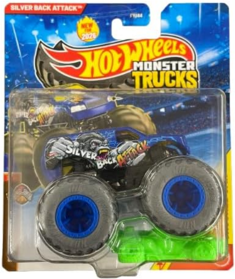 Hot Wheels Monster Trucks Silver Back Attack, Stripes Earned 2/4 [Includes Crushed Car] 1:64 Scale Diecast Toy Vehicle
