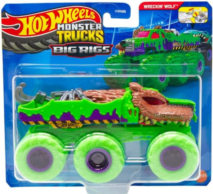 Hot Wheels Monster Trucks Big Rigs Wreckin' Wolf 1:64 Scale Die Cast | 6 Wheels, Monster Truck, Die Cast Vehicle, 1:64 Scale, Big Rigs