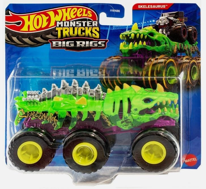 Hot Wheels Monster Trucks Big Rigs (Skelesaurus), 1:64 Scale Trailer Truck with 6 Wheels