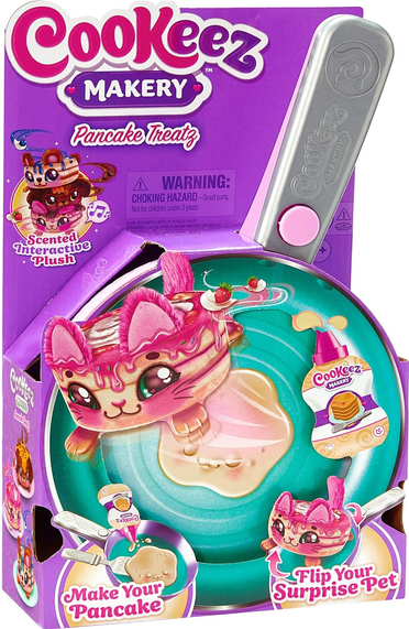 Cookeez Makery Pancake Treatz. Mix & Flip a Plush Best Friend! Place Your Pancake Mix on The Pan and Be Amazed When A Scented, Interactive Plush Friend Flips Out! Styles May Vary