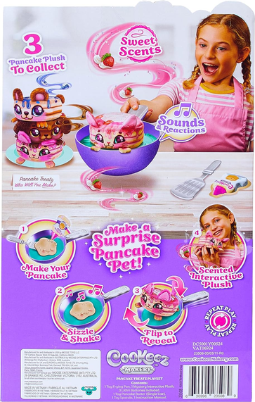 Cookeez Makery Pancake Treatz. Mix & Flip a Plush Best Friend! Place Your Pancake Mix on The Pan and Be Amazed When A Scented, Interactive Plush Friend Flips Out! Styles May Vary