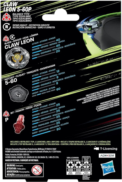 Beyblade X Claw Leon 5-60P Starter Pack Set with Balance Type Right-Spinning Top and Launcher; Battling Top Toys for 8 Year Old Boys and Girls