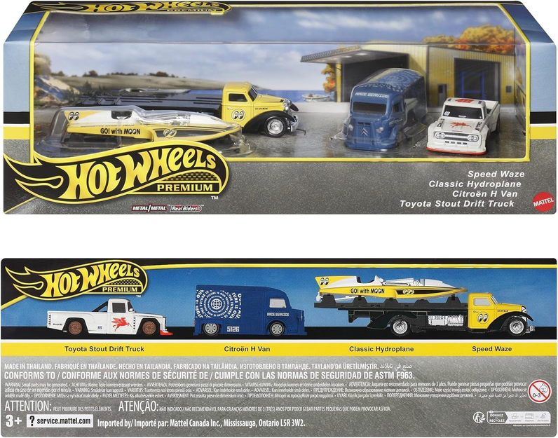 Hot Wheels Premium Collector Set, 4 Die-Cast Vehicles, Speed Waze, Classic Hydroplane, Citroen H Van, Toyota Stout Drift Truck