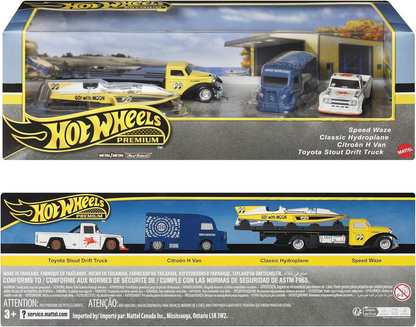 Hot Wheels Premium Collector Set, 4 Die-Cast Vehicles, Speed Waze, Classic Hydroplane, Citroen H Van, Toyota Stout Drift Truck