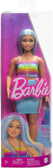 Barbie Fashionistas Doll #218 with Long Blue Hair Wearing Removable Rainbow Top & Teal Skirt, 65th Anniversary Collectible Toy