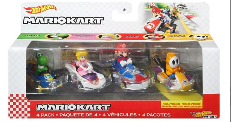 Hot Wheels Mario Kart Vehicle 4-Pack Yoshi Mach-8, Princess Peach P-Wing, Mario Sneeker & Orange Shy Guy Standard Kart