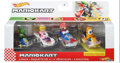 Hot Wheels Mario Kart Vehicle 4-Pack Yoshi Mach-8, Princess Peach P-Wing, Mario Sneeker & Orange Shy Guy Standard Kart