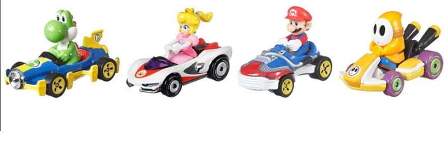 Hot Wheels Mario Kart Vehicle 4-Pack Yoshi Mach-8, Princess Peach P-Wing, Mario Sneeker & Orange Shy Guy Standard Kart