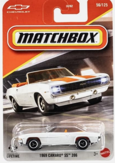 Matchbox 1969 Camaro SS 396 Die Cast Car, Orange & White, 1:64 Scale, Collectible Model, #56/125