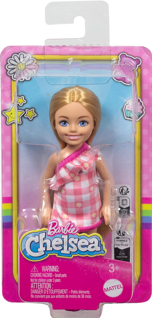 Barbie Chelsea Doll, Small Doll Wearing Removable Checked Dress & Pink Shoes with Blonde Hair & Blue Eyes