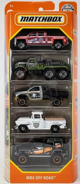 Matchbox 5-Pack MBX Off Road 2014 Chevy Silverado 1500, Road Mauler, '16 Ram Utility Flatbed, '57 GMC Stepside Pickup & Jeep Wrangler Superlift