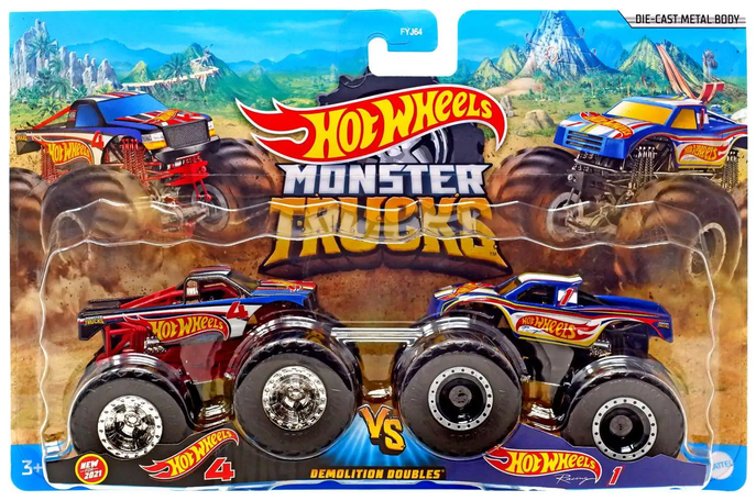 Hot Wheels Monster Trucks Demolition Doubles Racing 4 VS. Racing 1 Diecast Car 2-Pack