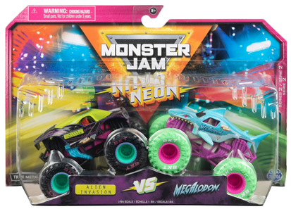 Monster Jam, 2-Pack Neon 1:64 Nitro Monster Trucks, Alien Invasion Vs. Megalodon