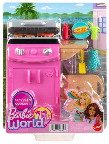 Barbie World Toy BBQ Grill Playset with 7 Dollhouse Accessories Including Grill with Working Lid & Food