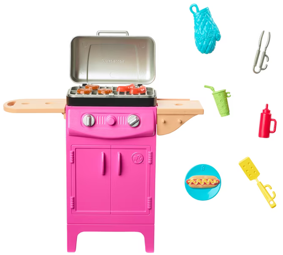 Barbie World Toy BBQ Grill Playset with 7 Dollhouse Accessories Including Grill with Working Lid & Food