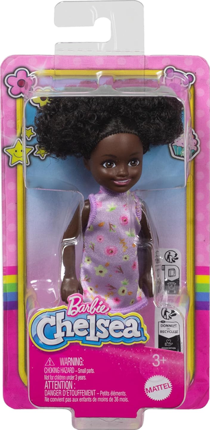 Barbie Chelsea Doll, Small Doll Wearing Removable Purple Floral Dress & Pink Shoes with Space Buns & Brown Eyes