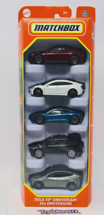 Matchbox Tesla 20th Anniversary 5 Pack - 1:64 Scale, Model S, Model 3, X, Y, 2020 Roadster